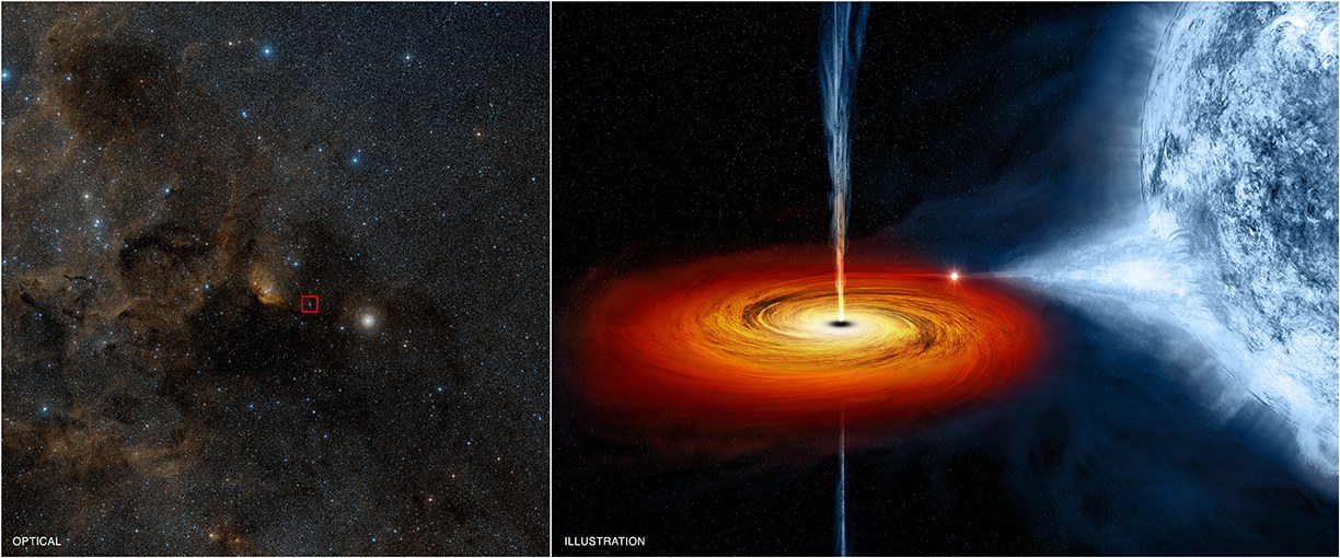 NASA Chandra illustration of Cygnus X-1: a stellar-mass black hole drawing gas from a blue companion star into a glowing accretion disk.